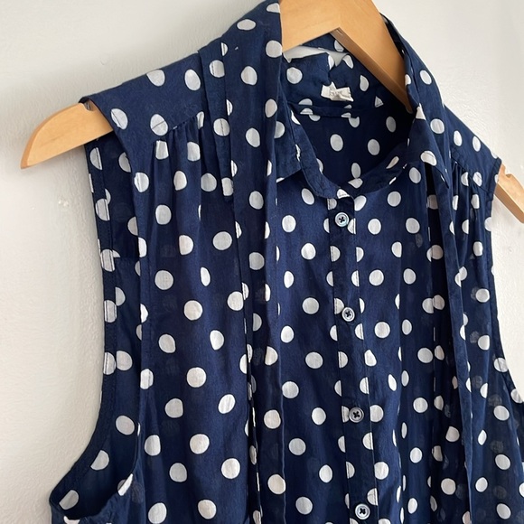 J.Crew Blue White Polka Dot Cotton Tunic Shirt M Sleeveless Belted Pockets - Picture 3 of 8